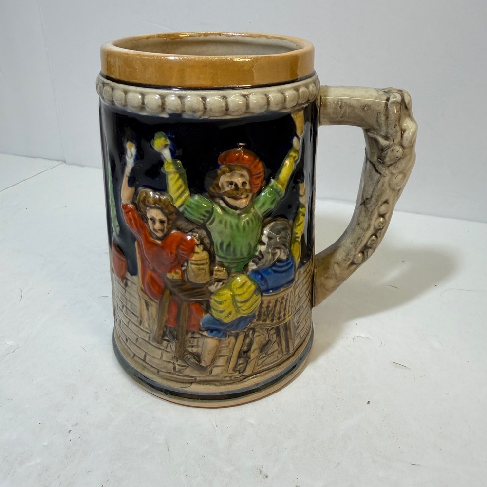 Vintage Ceramic Beer Stein Relief Tavern Scene Castle Cobalt Blue 6 Inch Mug